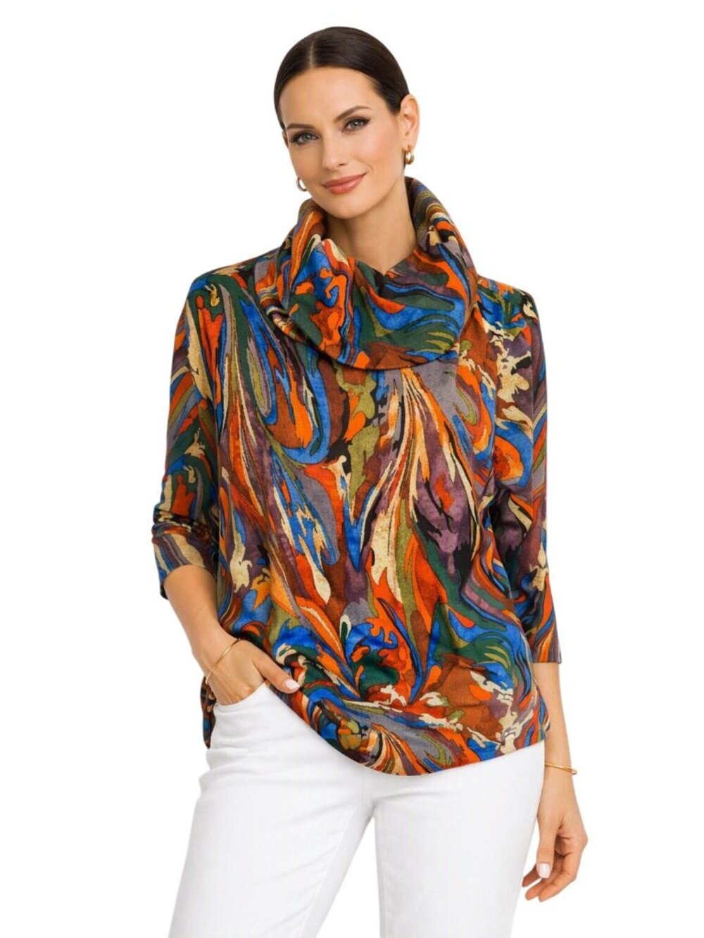 All Miles Womens L Multicolor Cowl Funnel Neck Tunic Top Abstract Print L/S Arts